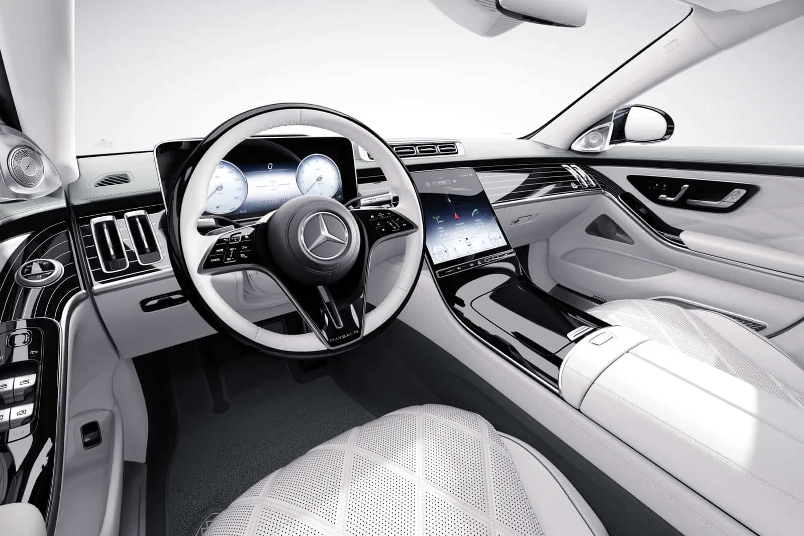 Mercedes-Maybach S-Class کا ڈیش بورڈ اور اگلی نشستیں، سفید چمڑے میں